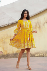 Mustard Ethnic Motif Printed Viscose Short Dress With Doris & Tassels-P1229MUSTARD